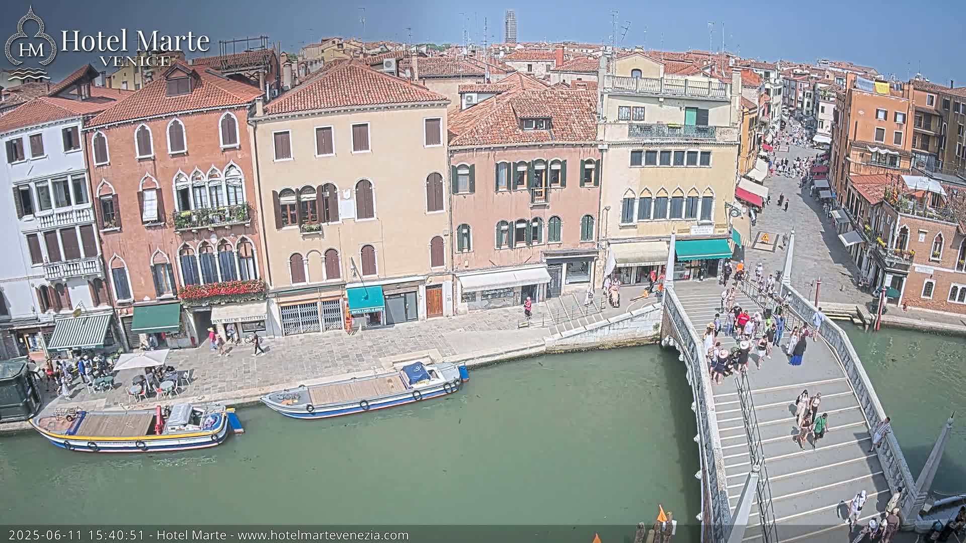 A sunny day in Venice shows a canal with a bridge crowded with people, boats on the water, and colorful buildings lining the waterway.