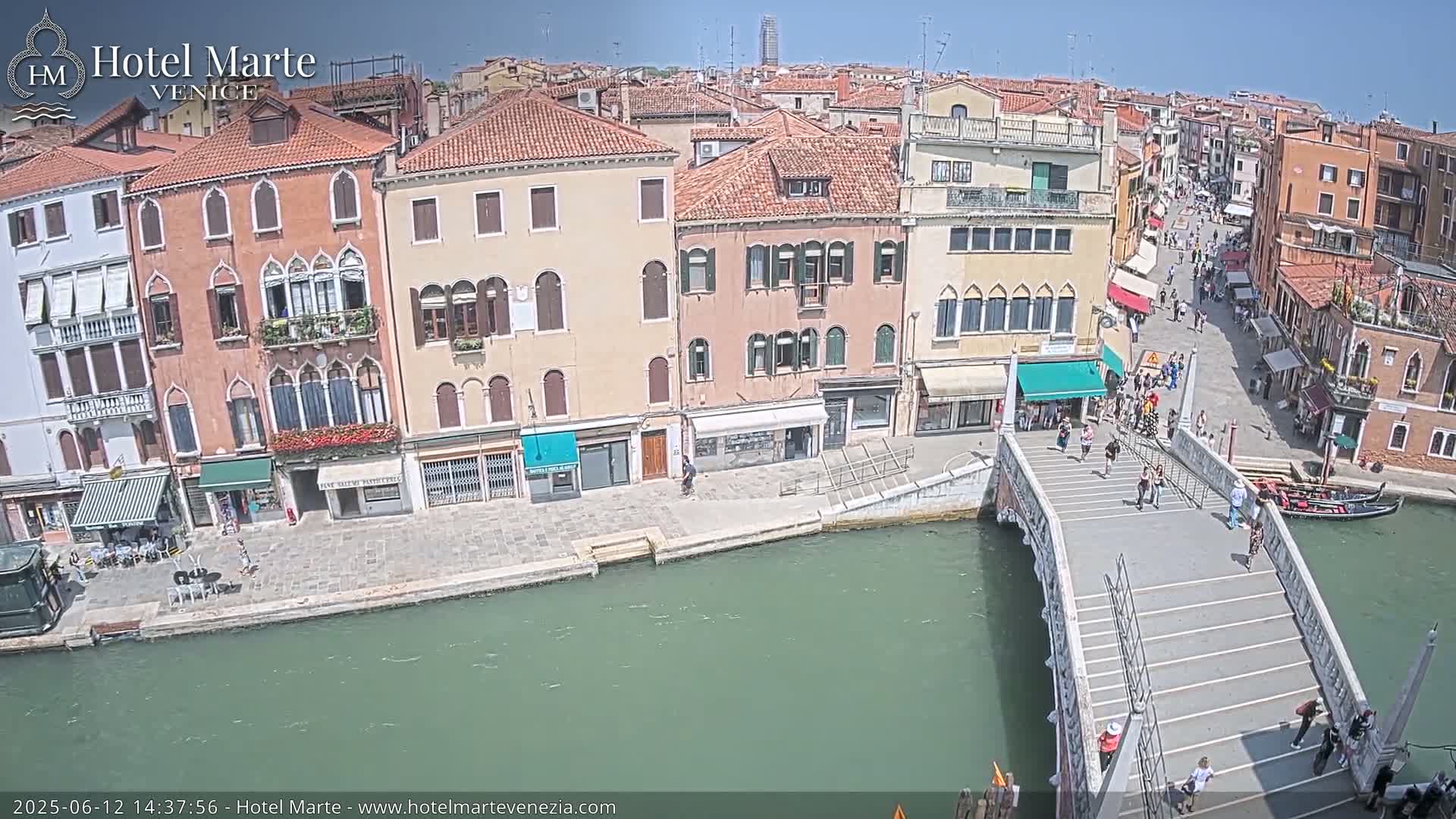 A sunny day in Venice shows a canal with a footbridge, colorful buildings lining the waterway, and people walking on the bridge and the streets.