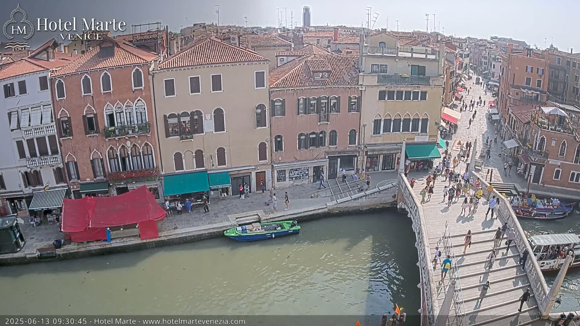 A sunny day in Venice shows a canal with boats, pedestrians crossing a bridge, and colorful buildings lining the waterway.