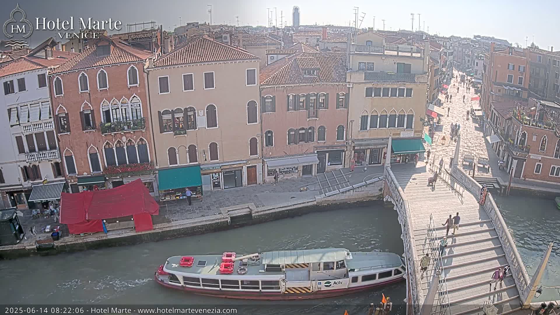 A nighttime aerial view of a canal in Venice, showing several buildings, pedestrians walking on a bridge and along a canal-side walkway, and boats in the water.