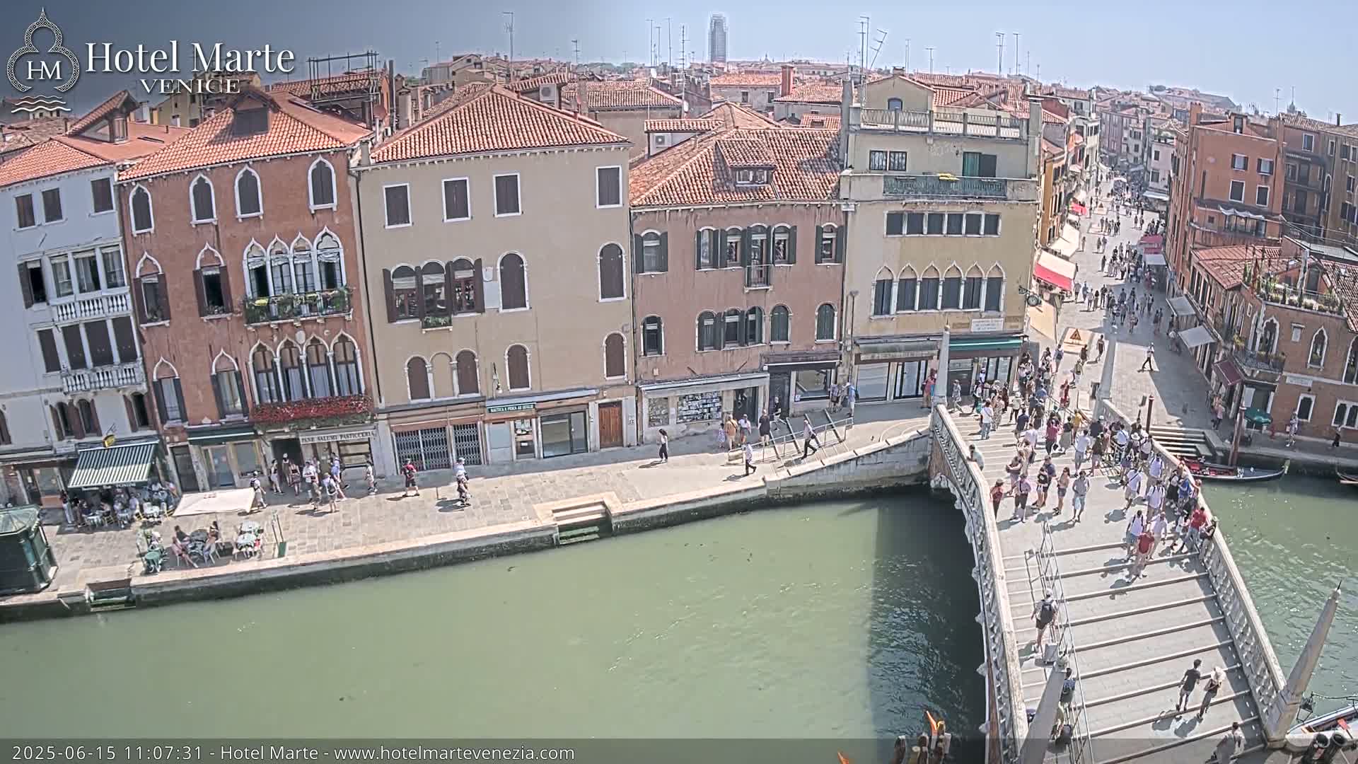 A sunny day in Venice shows a canal with pedestrians walking across a bridge and along the canal-side walkways, lined with buildings of various heights and colors.