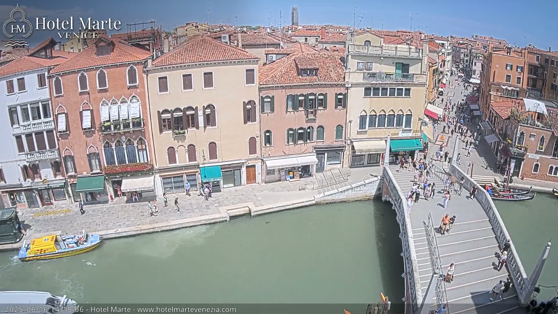 A sunny day in Venice shows a canal with a bridge crowded with pedestrians, lined with colorful buildings and boats.