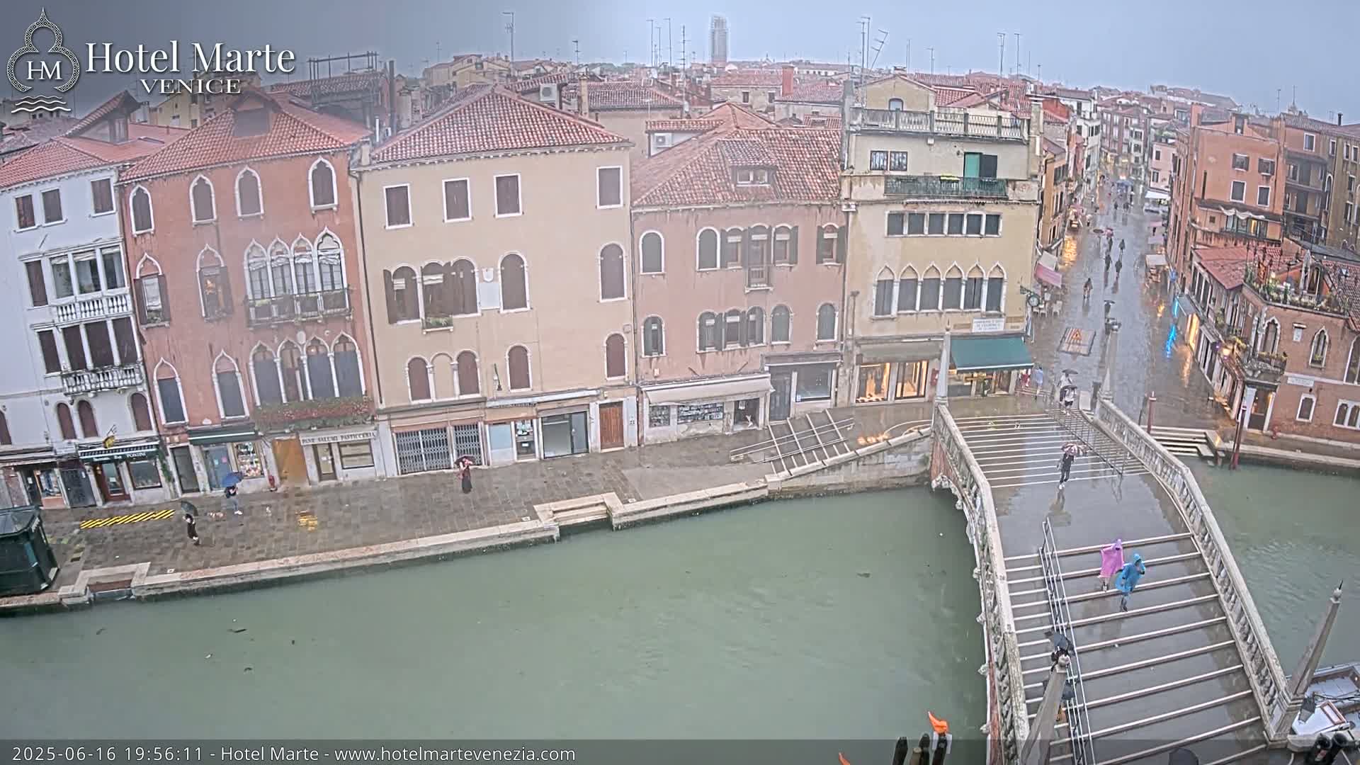 A rain-soaked Venetian canal scene shows several pedestrians crossing a bridge and lining the waterway's edge, with multi-story buildings bordering the canal.