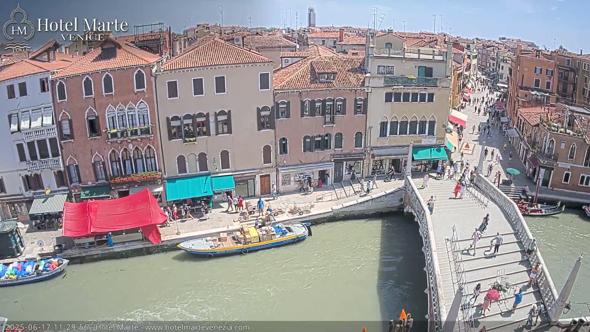 A sunny day in Venice shows a canal with a bridge, several buildings along the waterway, boats, and pedestrians walking on the bridge and along the canal.