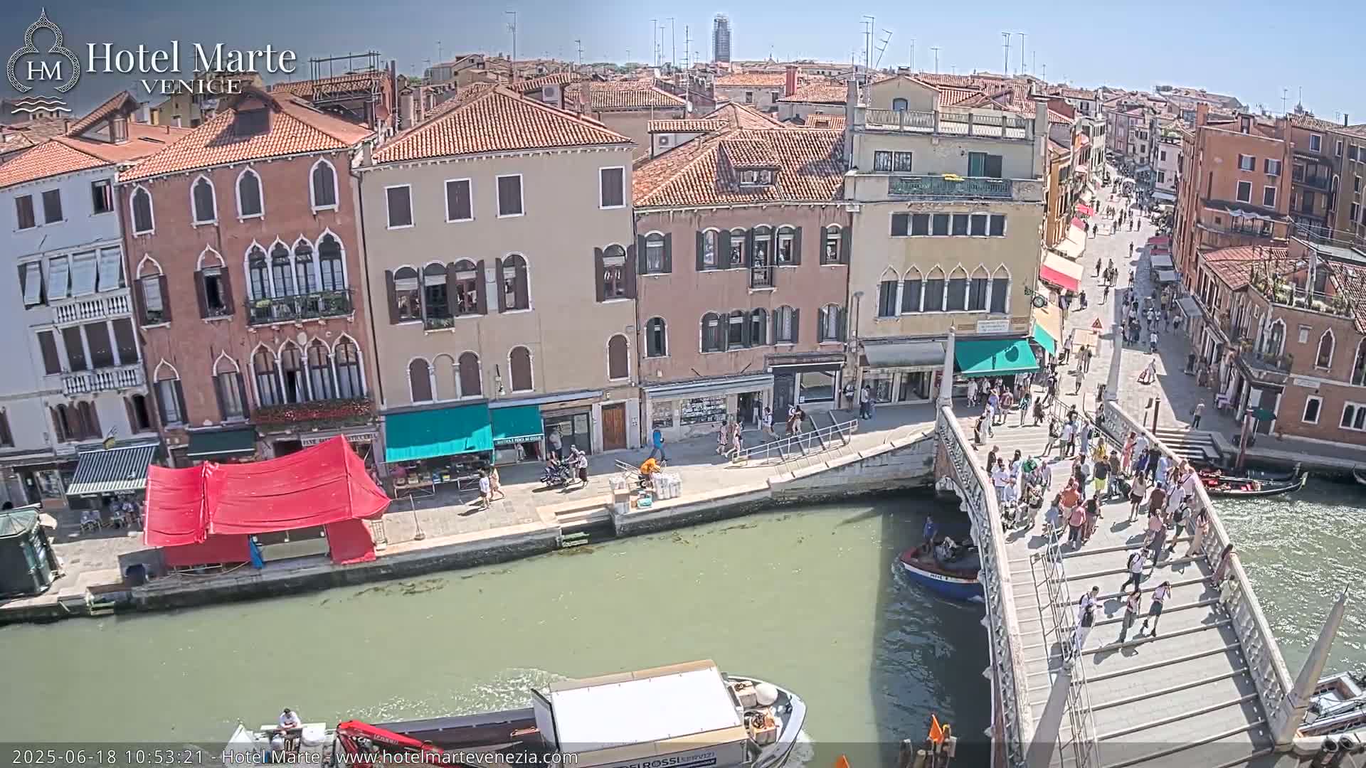 A sunny day in Venice shows a canal with pedestrians crossing a bridge and people walking along the canal-side streets, with buildings lining the waterway.