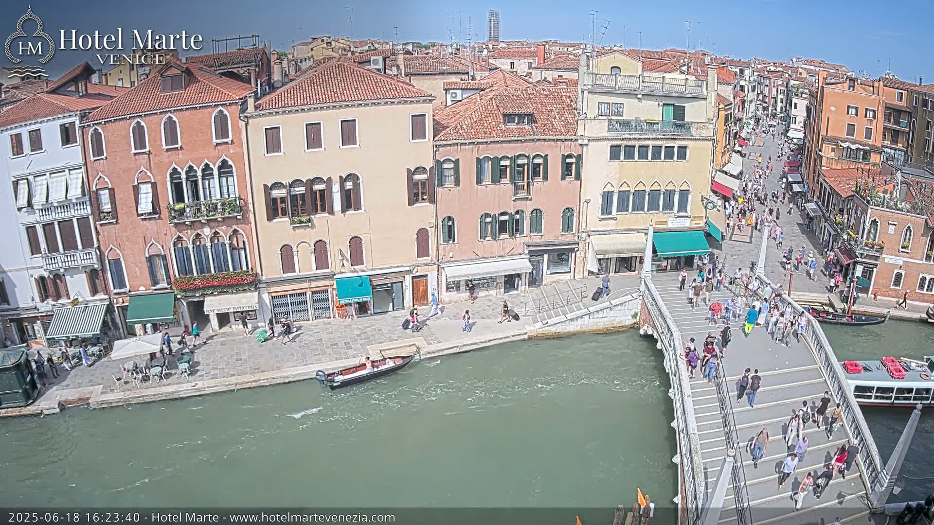 A sunny day in Venice shows a canal with a bridge crowded with pedestrians, boats, and buildings lining the waterway.