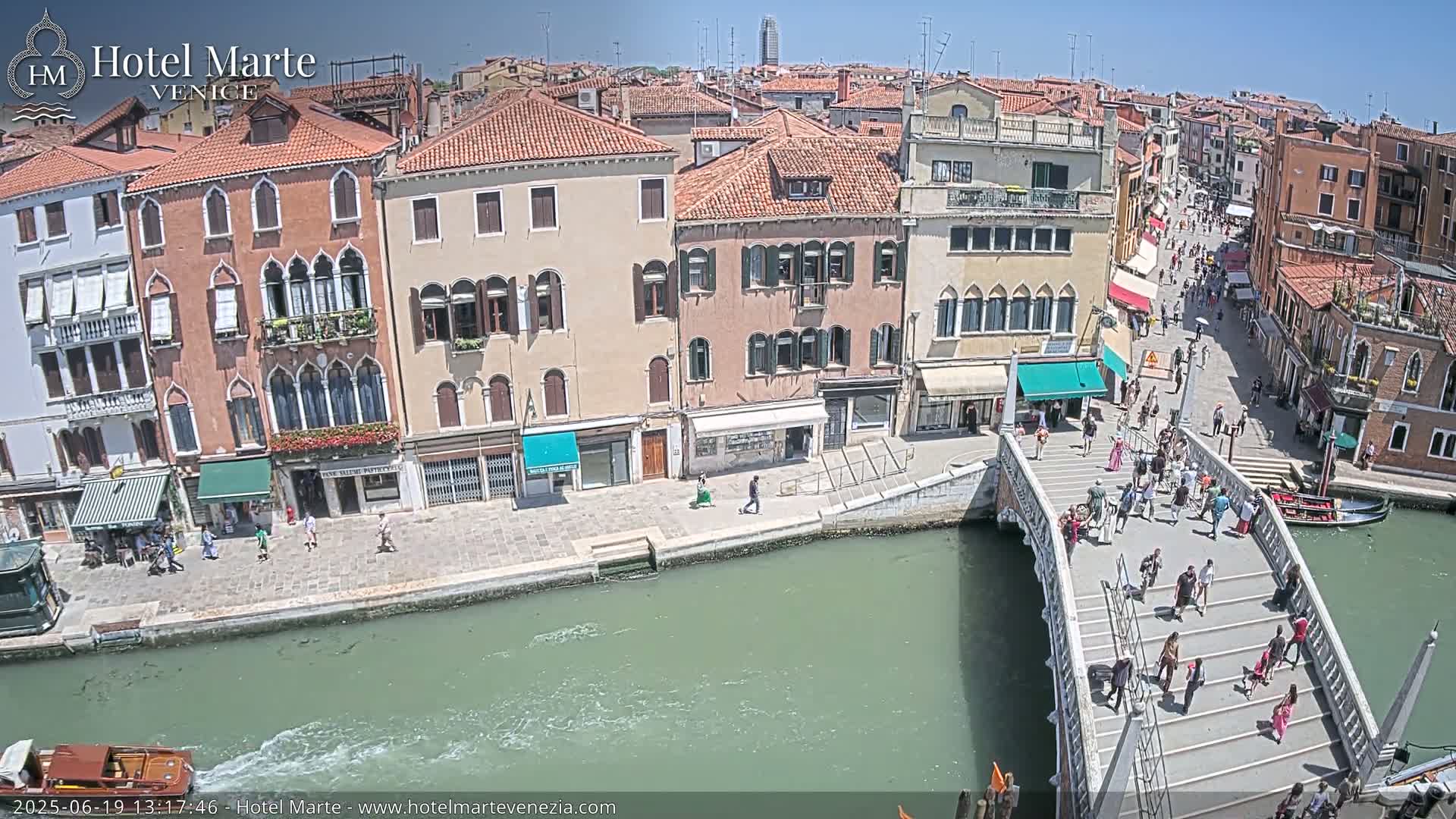 A sunny day in Venice shows a canal with a bridge crowded with pedestrians, alongside colorful buildings and a gondola in the water.