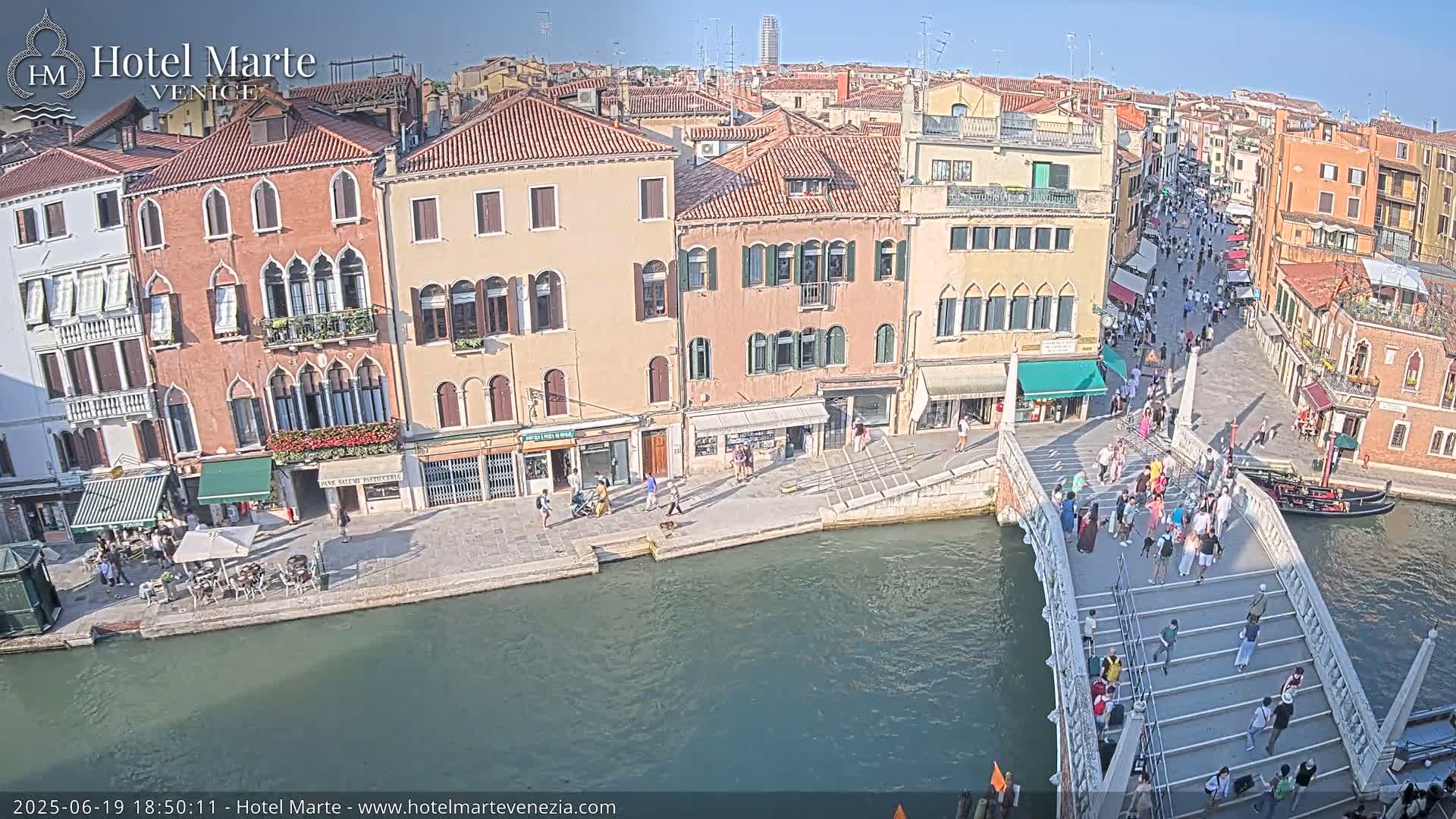 A sunny Venetian canal scene shows a bridge crowded with pedestrians, connecting two sides lined with colorful buildings and outdoor cafes.
