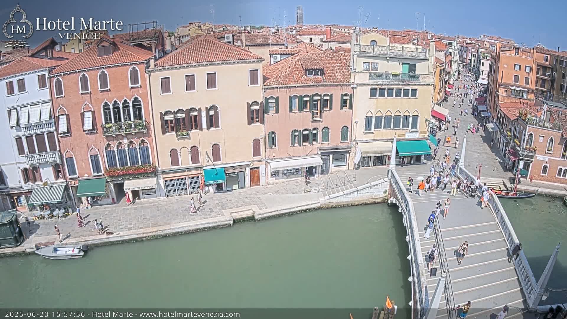 A sunny day in Venice shows a canal with a bridge crowded with people, alongside colorful buildings lining the waterway.