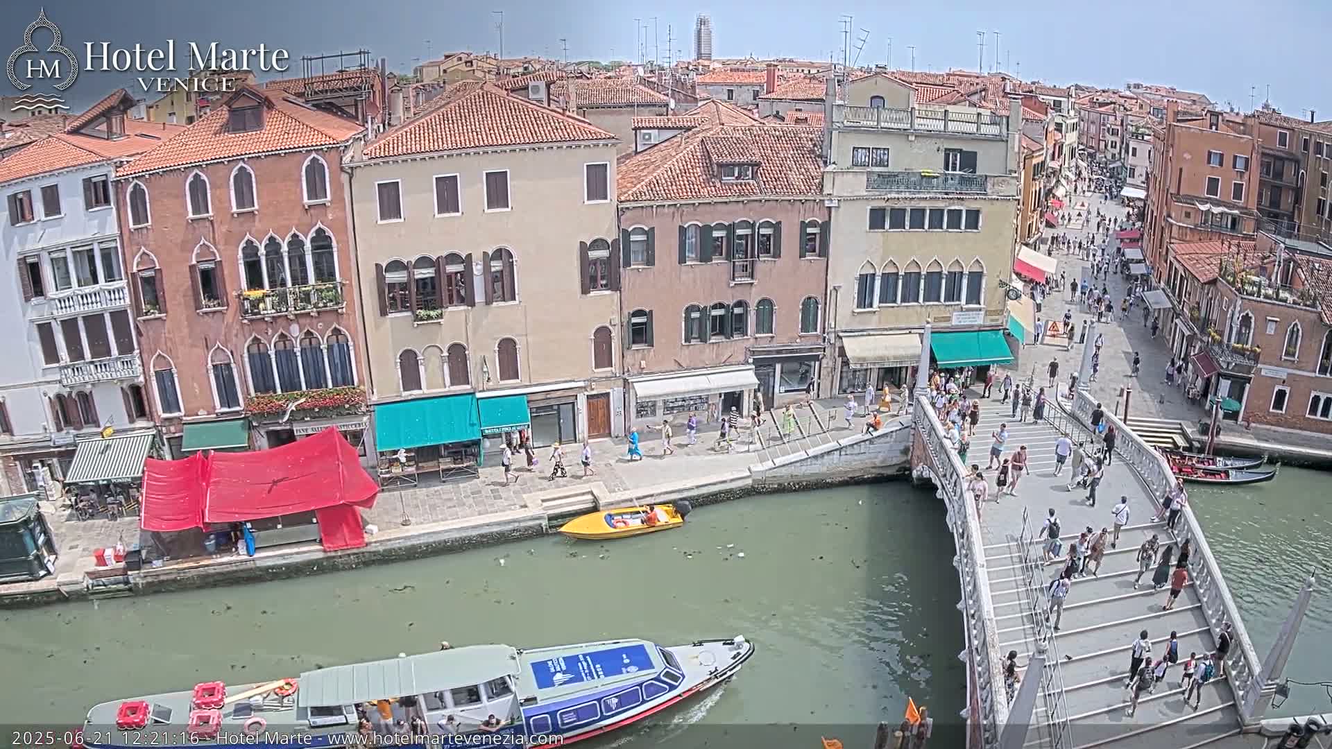 A sunny day in Venice shows a canal with boats, pedestrians walking across a bridge and along the canal-side walkways, and multiple buildings lining the waterway.