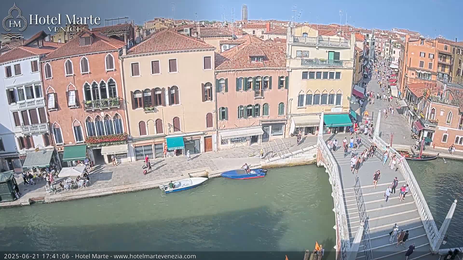 A sunny day in Venice shows a canal with boats, a footbridge crowded with people, and colorful buildings lining the waterway.