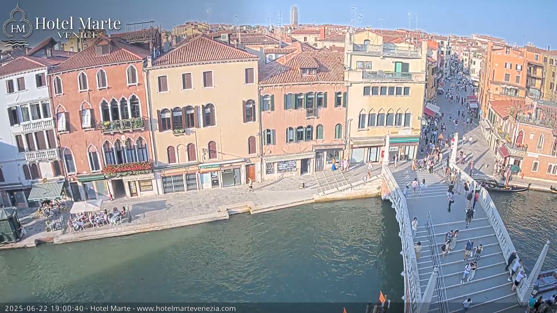A sunny day in Venice shows a canal with a bridge crowded with pedestrians, alongside buildings and people sitting at outdoor cafes.