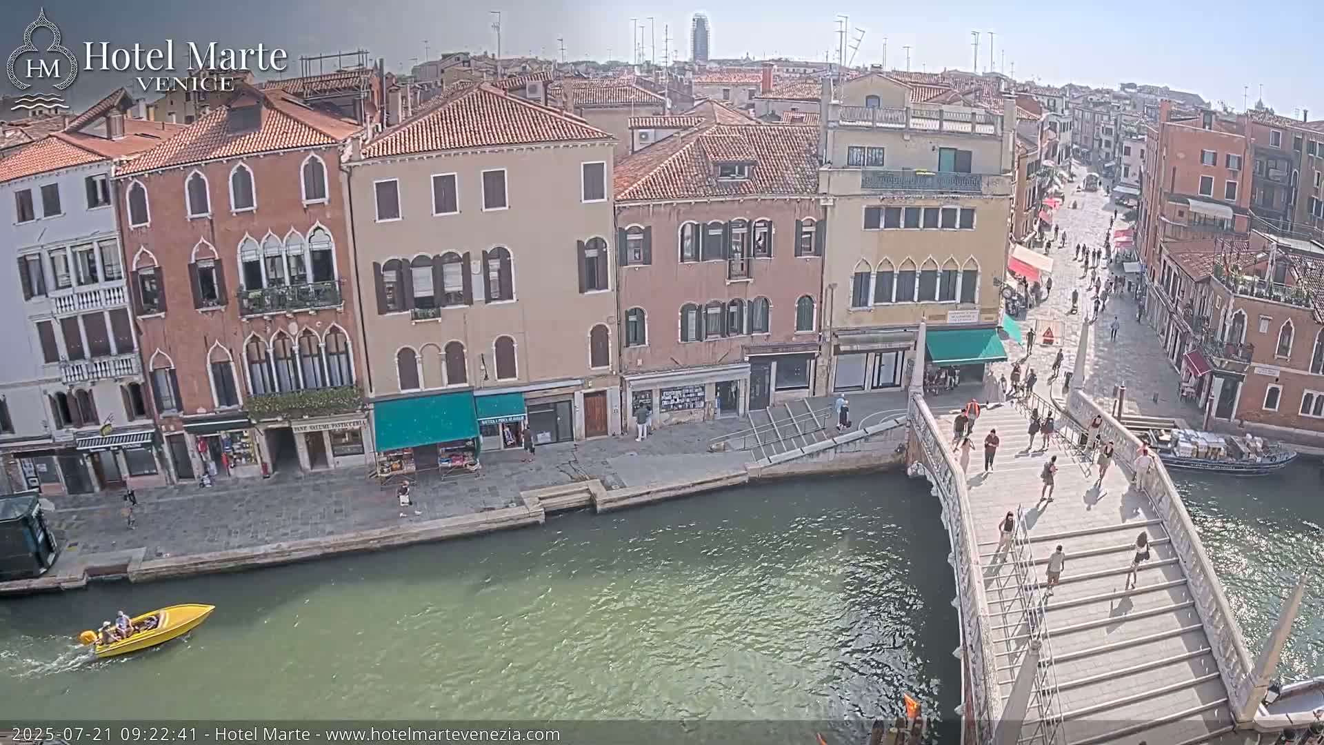 A sunny day in Venice shows a canal with a bridge carrying pedestrians, alongside colorful buildings and a small yellow boat.