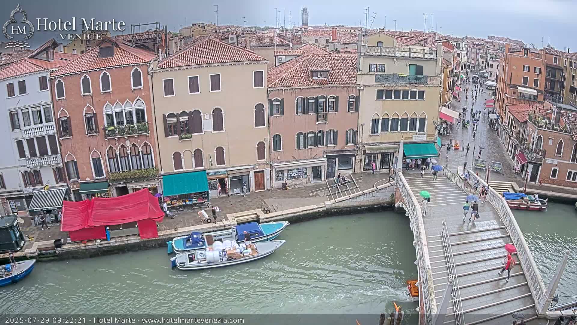 A canal in Venice, Italy, shows several boats and pedestrians on a bridge under an overcast sky.