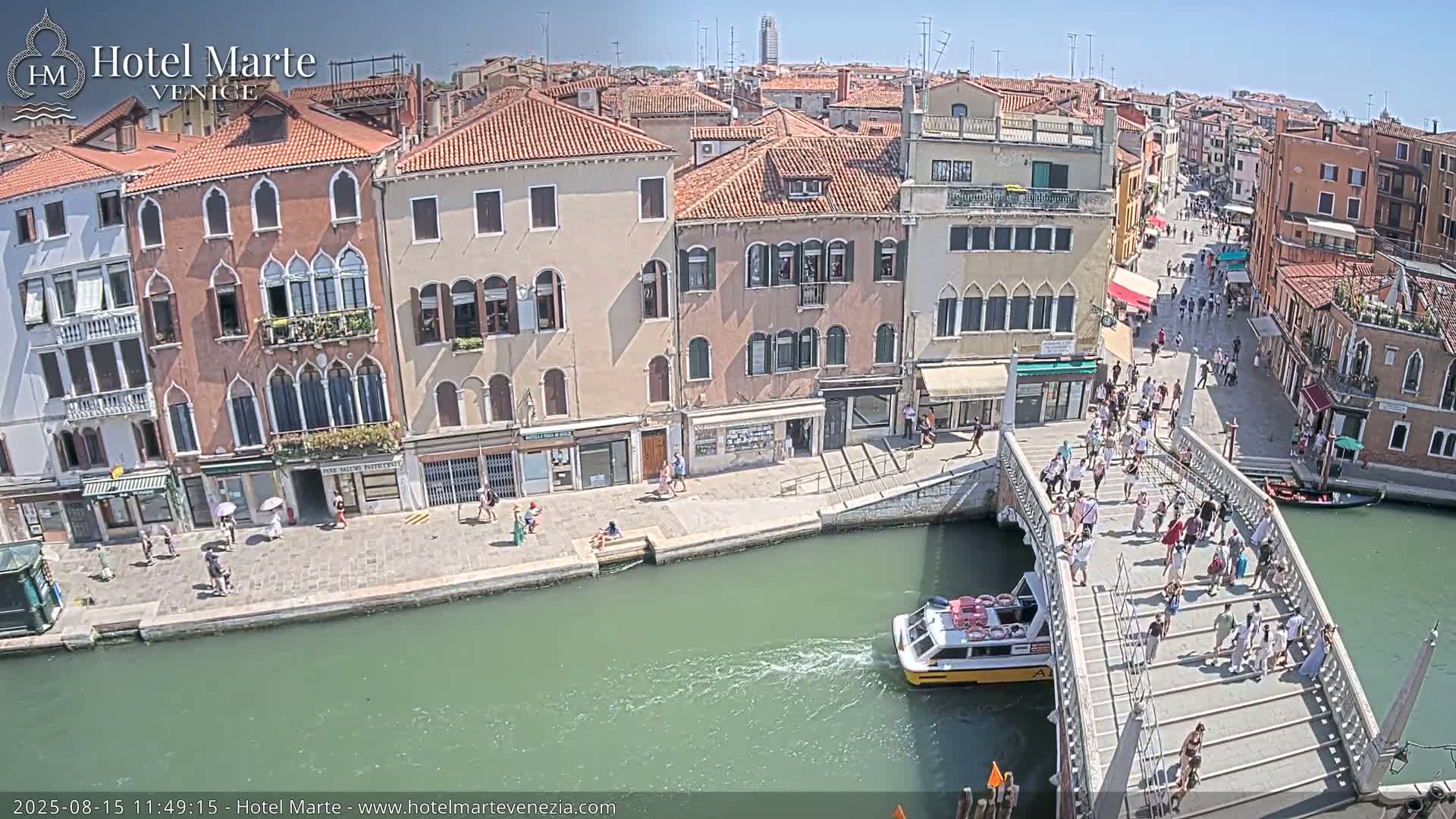 A canal in Venice, Italy, shows several boats and pedestrians on a bridge under an overcast sky.