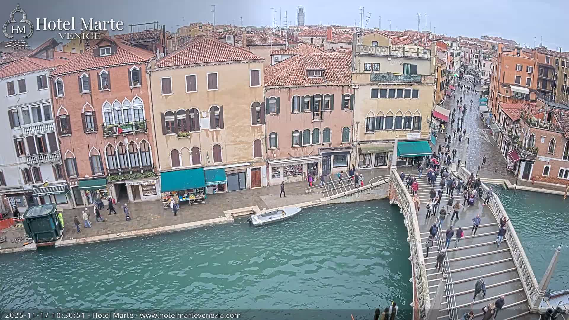 On an overcast day, a bustling canal city scene features a crowded stone bridge over a teal canal, with numerous pedestrians walking along adjacent streets lined with multi-story historic buildings, and a small boat docked along the waterway.