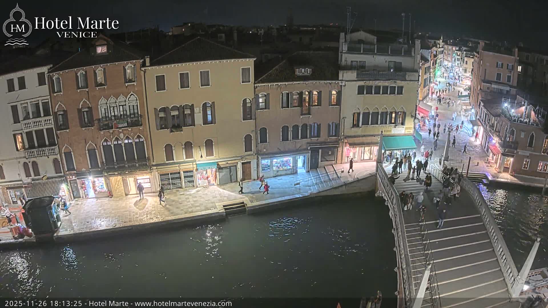 A bustling view of Venice on an overcast day shows people crossing a large pedestrian bridge over a teal-colored canal, flanked by historic multi-story buildings and a police boat navigating the waterway.