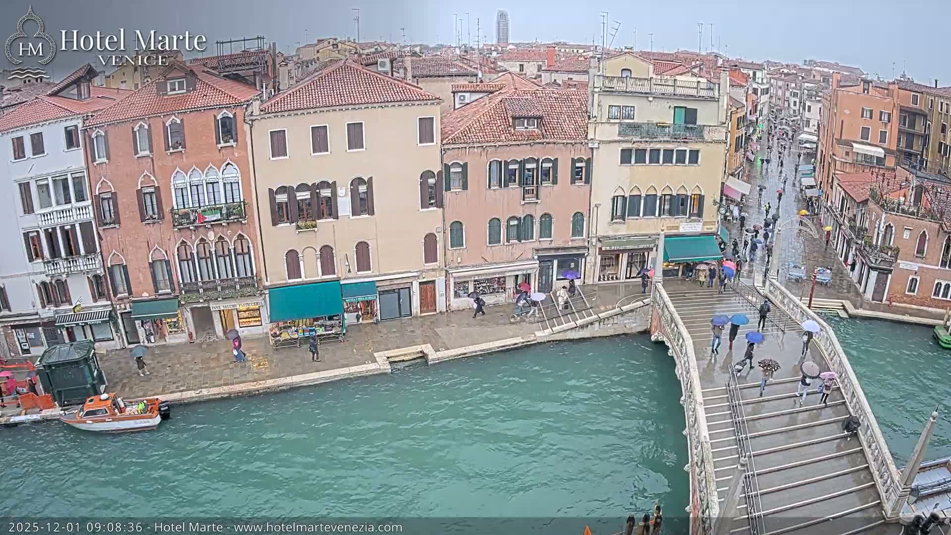 The image displays a bustling, rainy day in Venice, with numerous people carrying umbrellas as they navigate a bridge and canals flanked by colorful, historic buildings under an overcast sky.