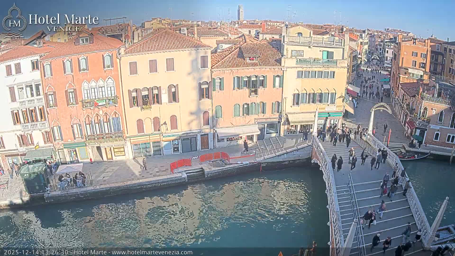The image displays a bustling, rainy day in Venice, with numerous people carrying umbrellas as they navigate a bridge and canals flanked by colorful, historic buildings under an overcast sky.