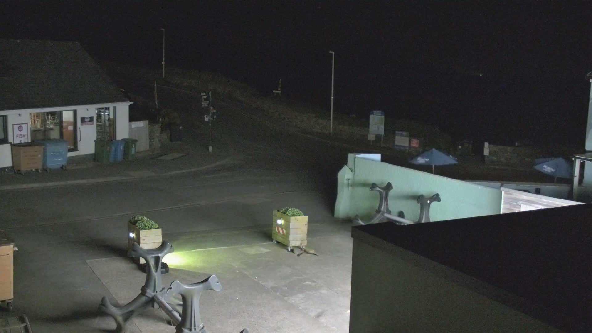 At night, a small building with dumpsters sits near a paved area with planters and large, dark anchor-like sculptures, overlooking a dark body of water.