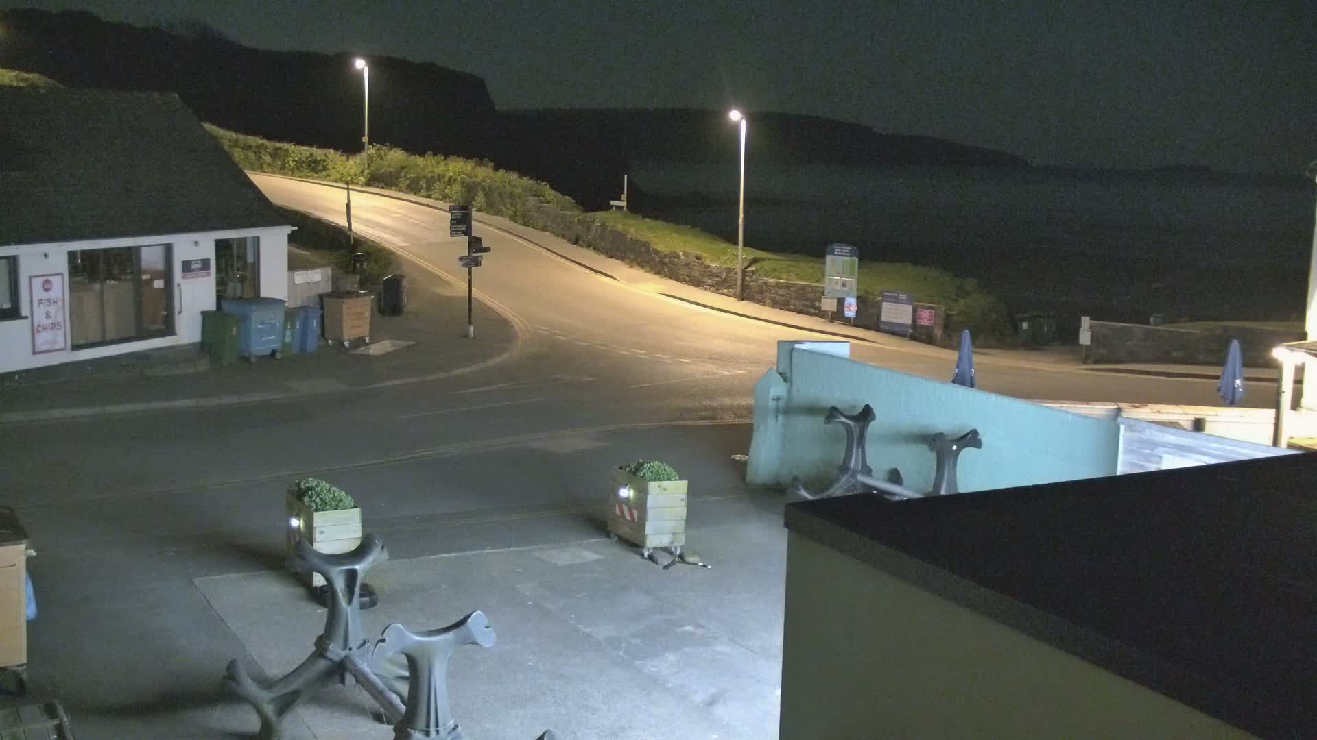 At night, a curving road leads down towards a dark body of water, past a small building with dumpsters and illuminated by streetlights.
