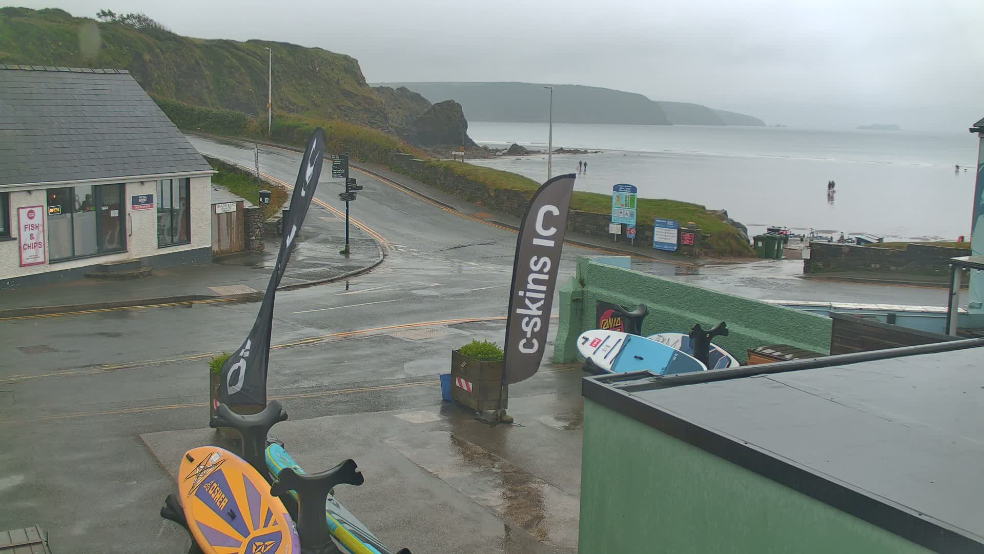 A wet, overcast day at a coastal town shows a road intersection near a beach with several paddleboards leaning against a building.