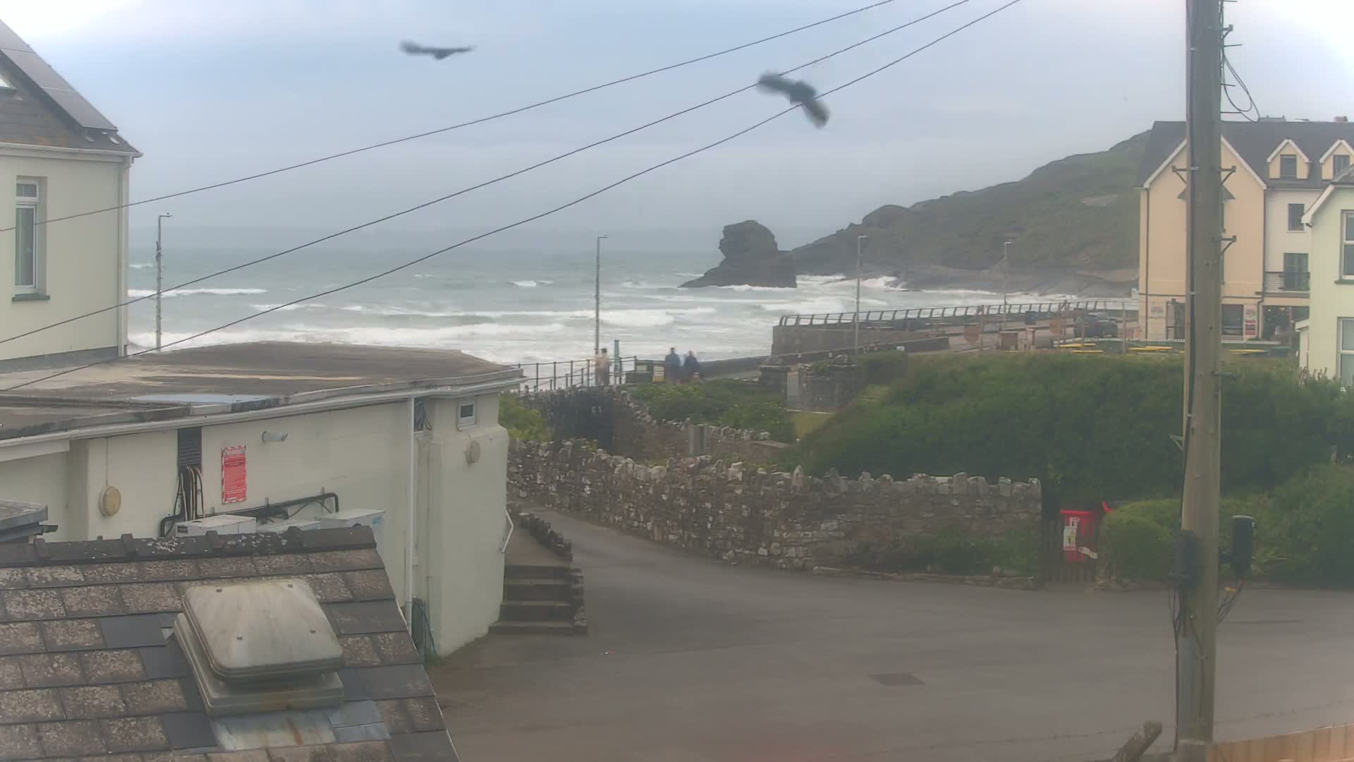 A coastal scene shows a choppy sea with waves crashing against rocks, birds flying overhead, and buildings alongside a street leading down to the water.