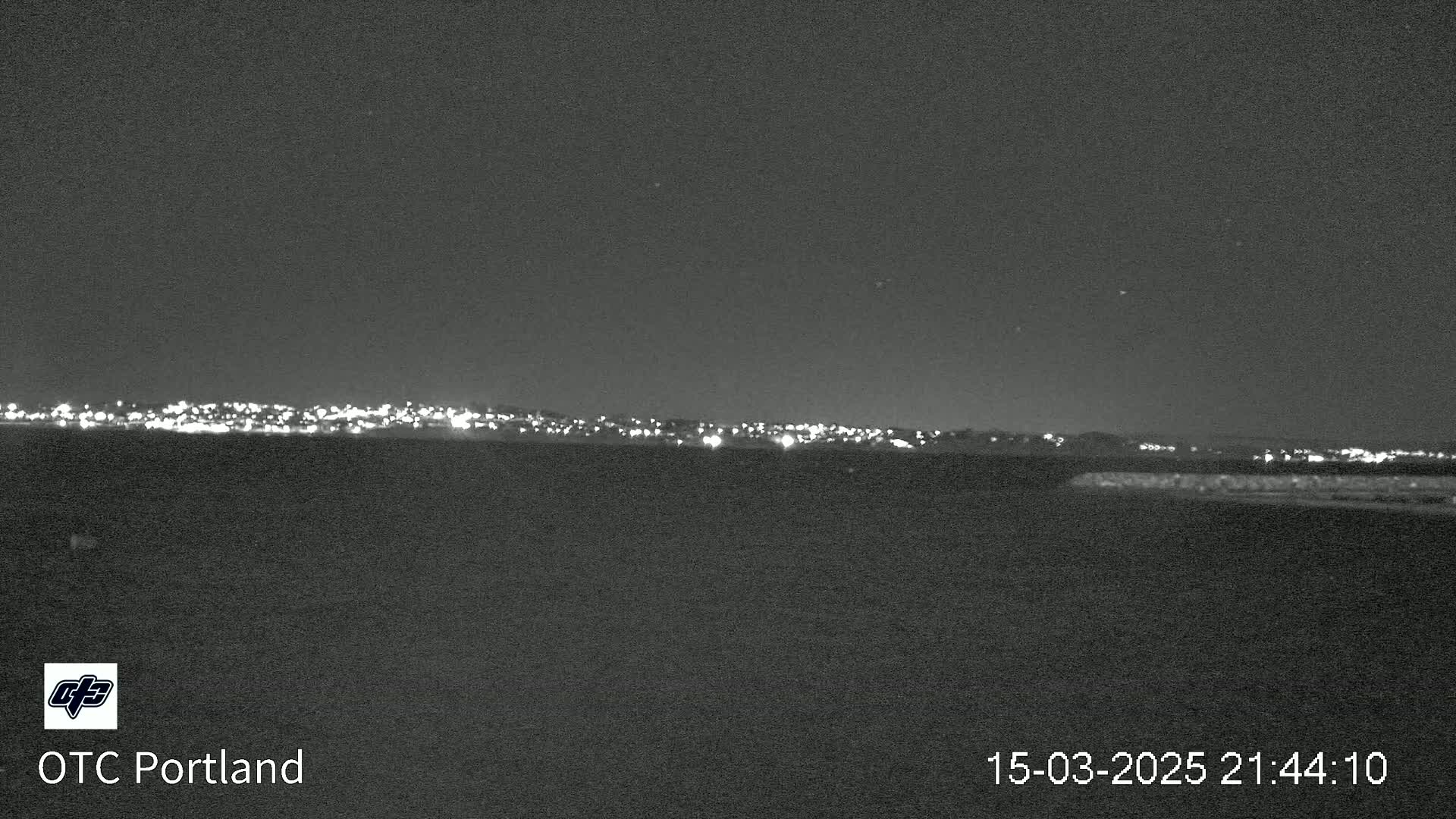 A nighttime long shot shows a distant city skyline illuminated by lights under a dark, clear sky.