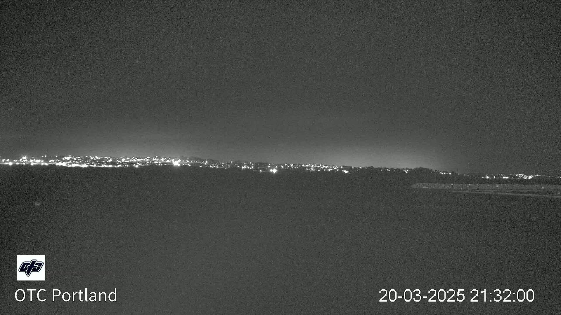 A nighttime long shot shows a distant city skyline illuminated by lights under a clear, dark sky.