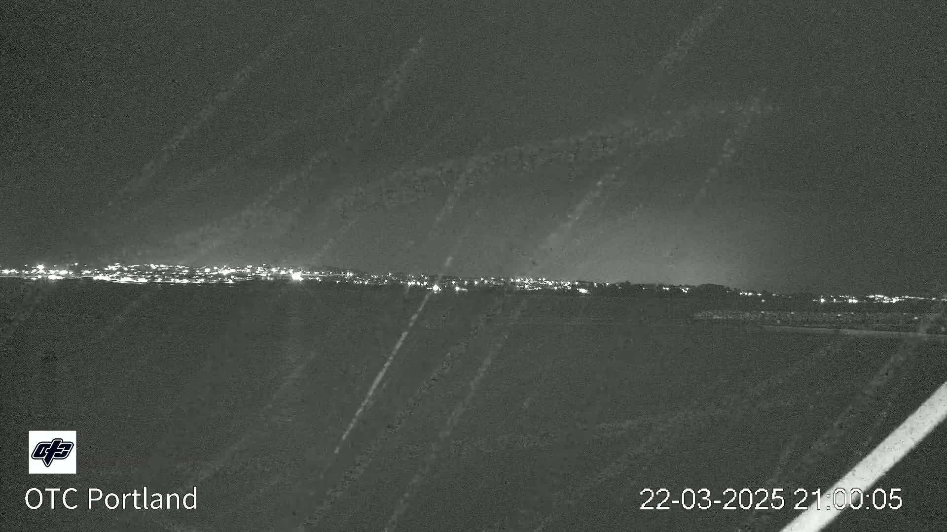 A nighttime, low-light image shows a distant city skyline illuminated by lights against a dark sky.