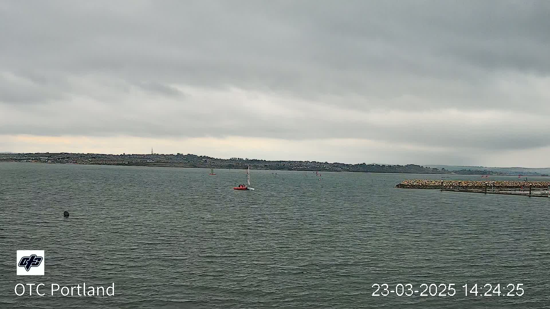 A body of water with several small sailboats under an overcast sky shows a distant shoreline.