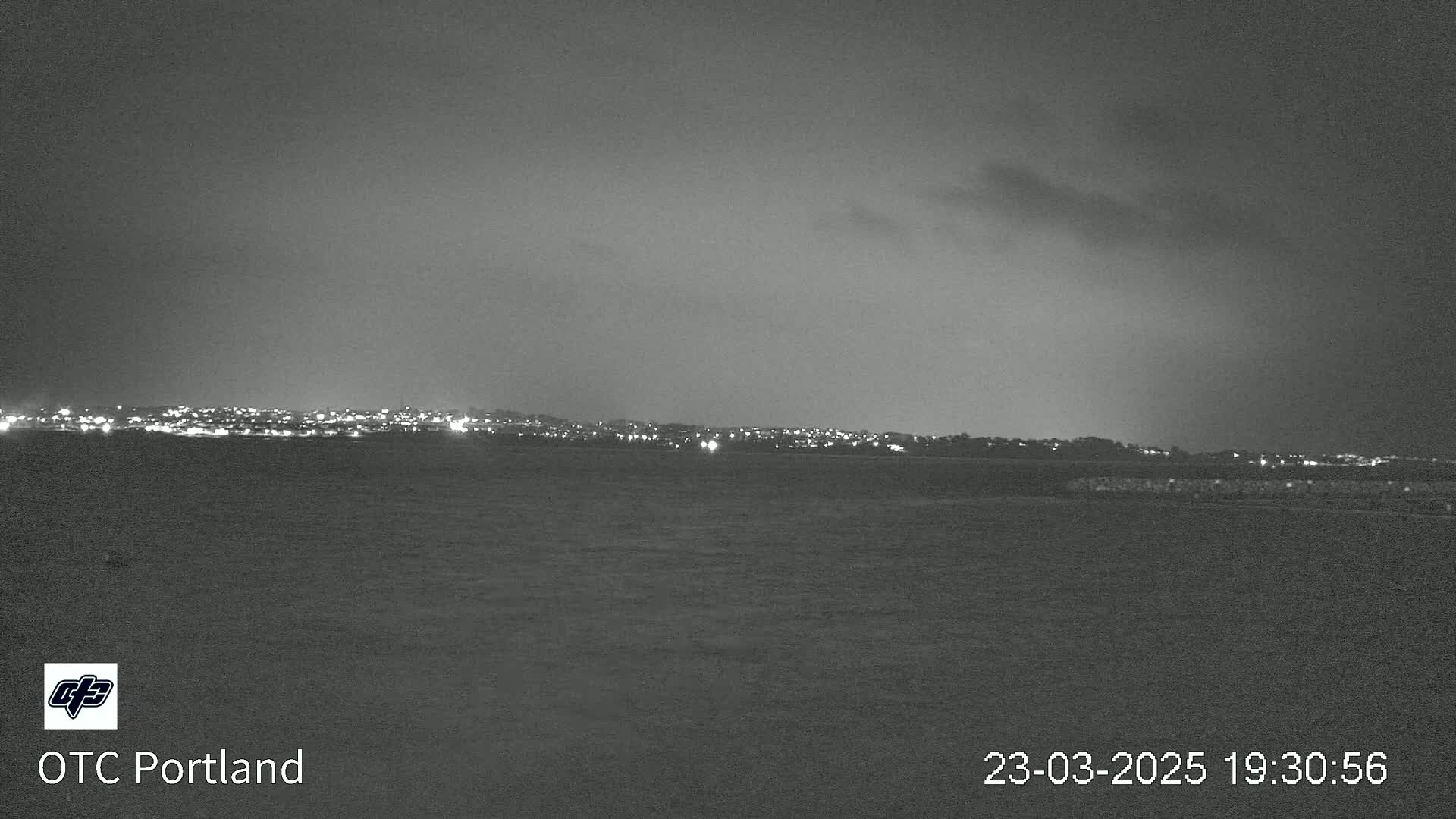 A nighttime, overcast view shows a distant city skyline illuminated by lights across a dark, flat foreground.