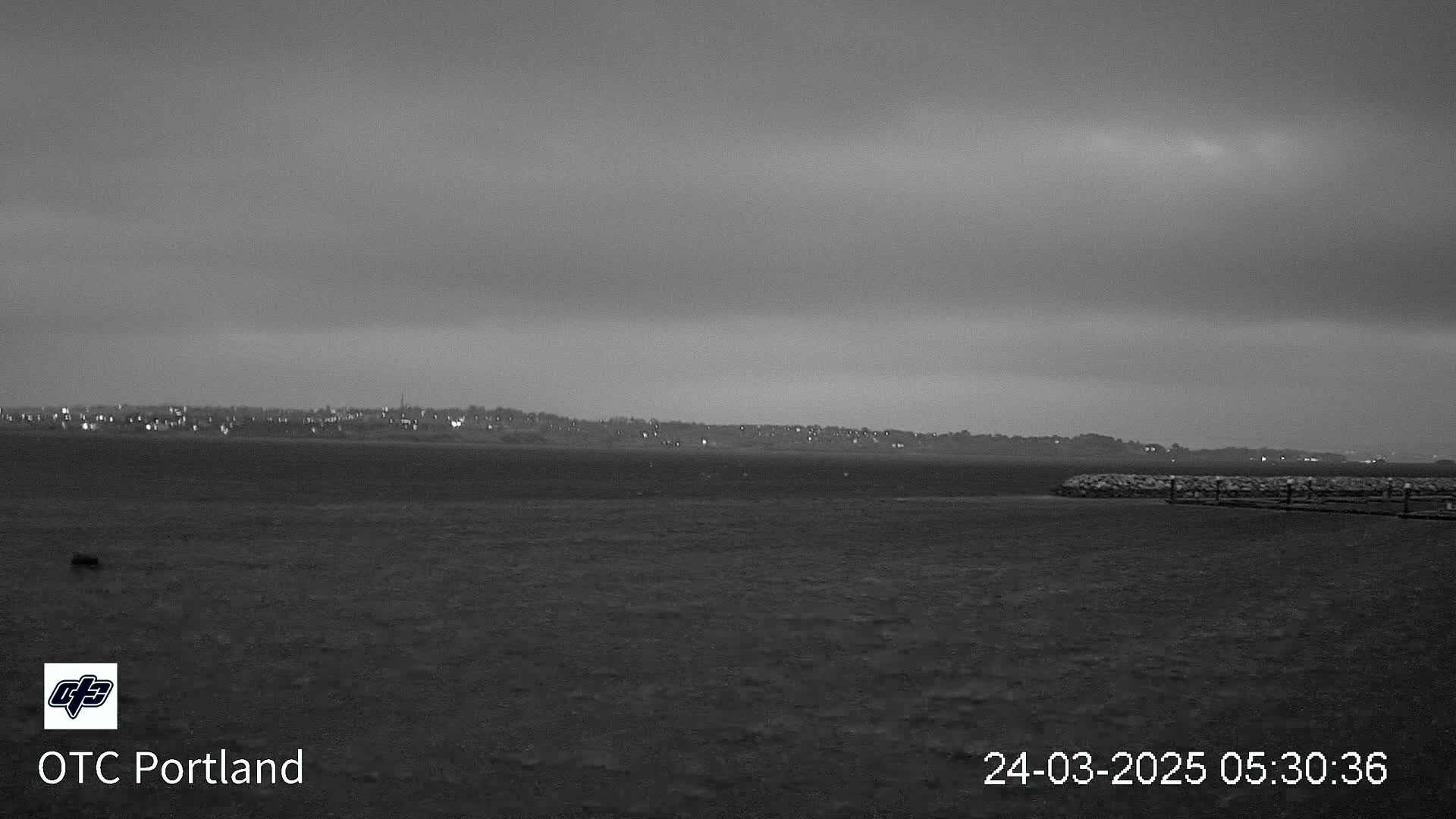 A low-light, overcast view shows a flat, dark expanse of land extending to a distant, dimly lit town under a gray sky.