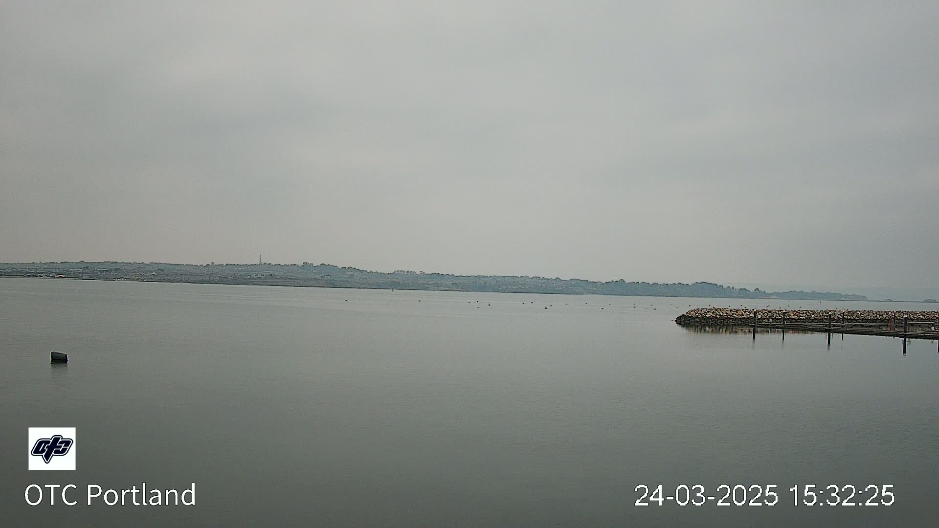 A calm body of water shows a distant shoreline under an overcast sky.