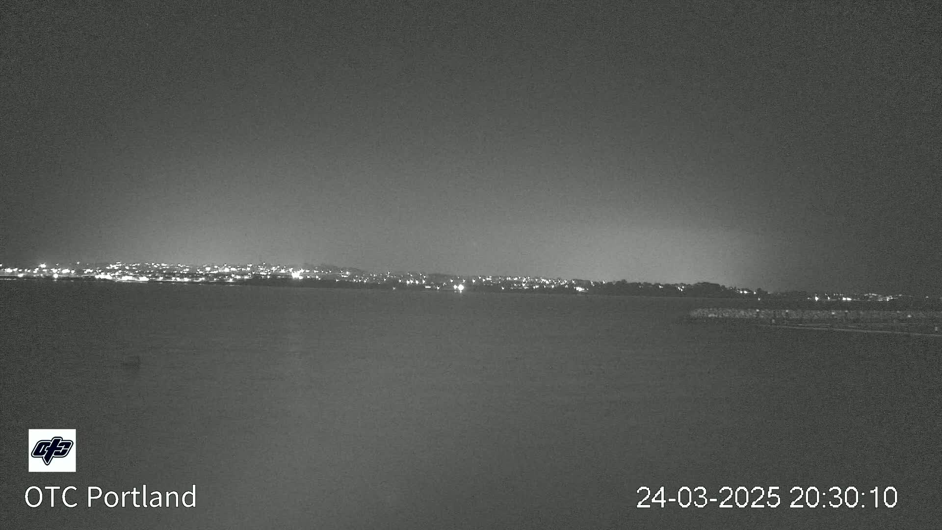A nighttime view shows a distant city skyline illuminated by lights under a dark, clear sky.