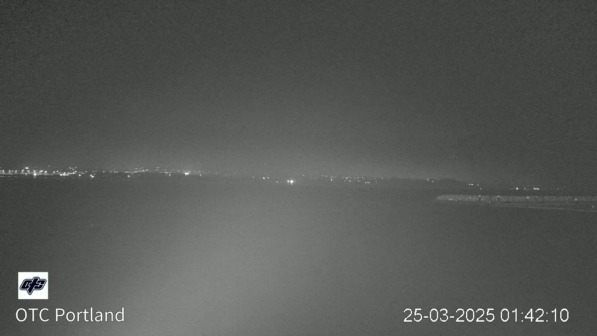 A nighttime, low-light view shows a distant cityscape illuminated by lights, with a dark foreground and a clear, dark sky.