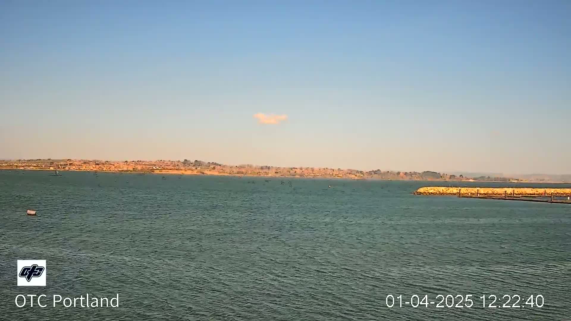 A calm body of water stretches to a distant shoreline under a clear, light-blue sky with a single small cloud.