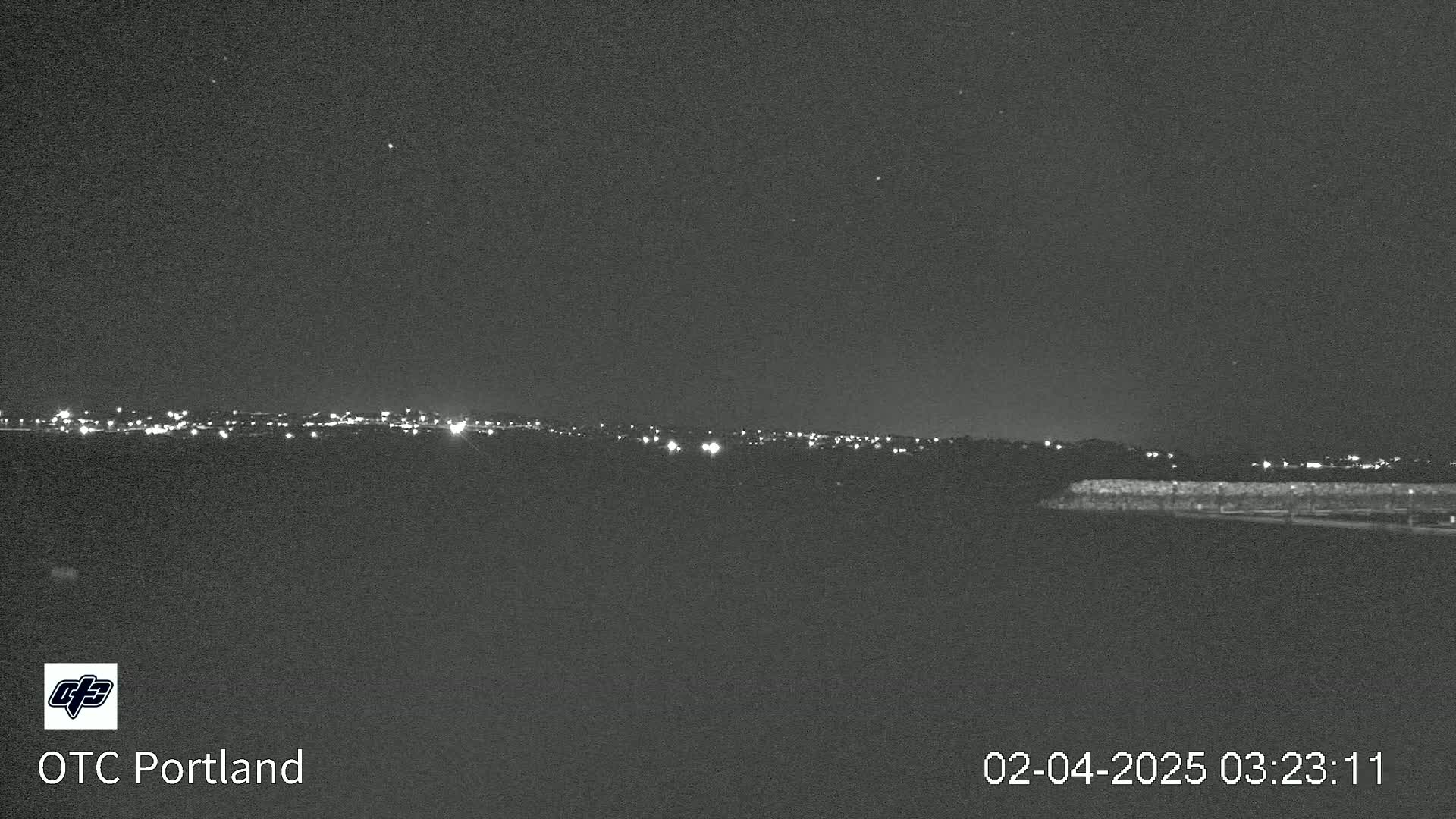 A nighttime long shot shows a distant city skyline illuminated by lights under a clear, dark sky.