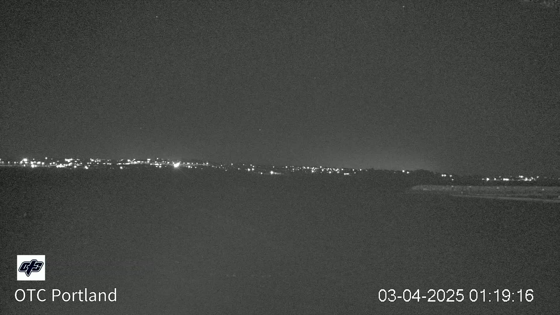 A nighttime long shot shows a distant city skyline illuminated by lights under a clear, dark sky.