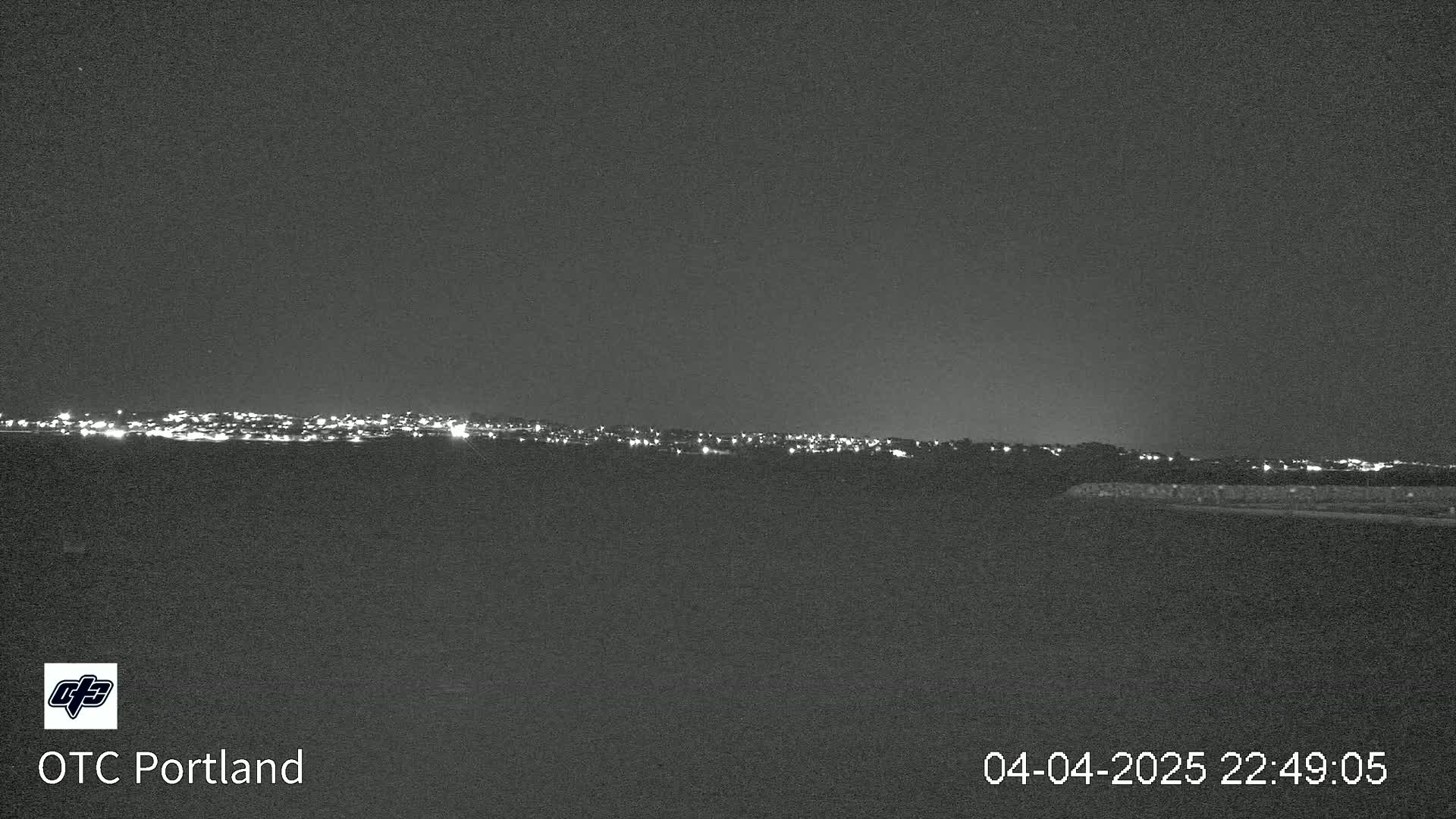 A nighttime long shot shows a distant city skyline illuminated with many small lights under a dark, clear sky.