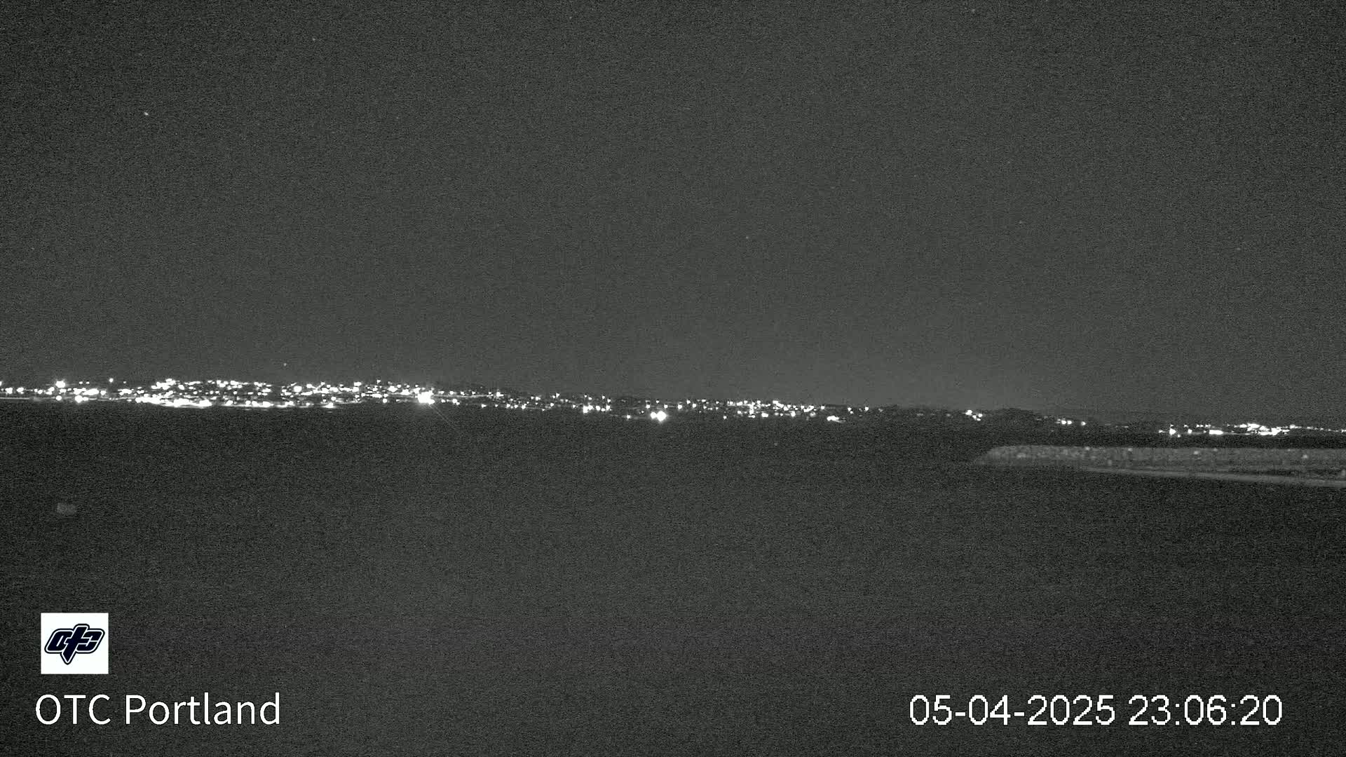 A nighttime, long-distance view of a city skyline illuminated by lights under a dark sky.