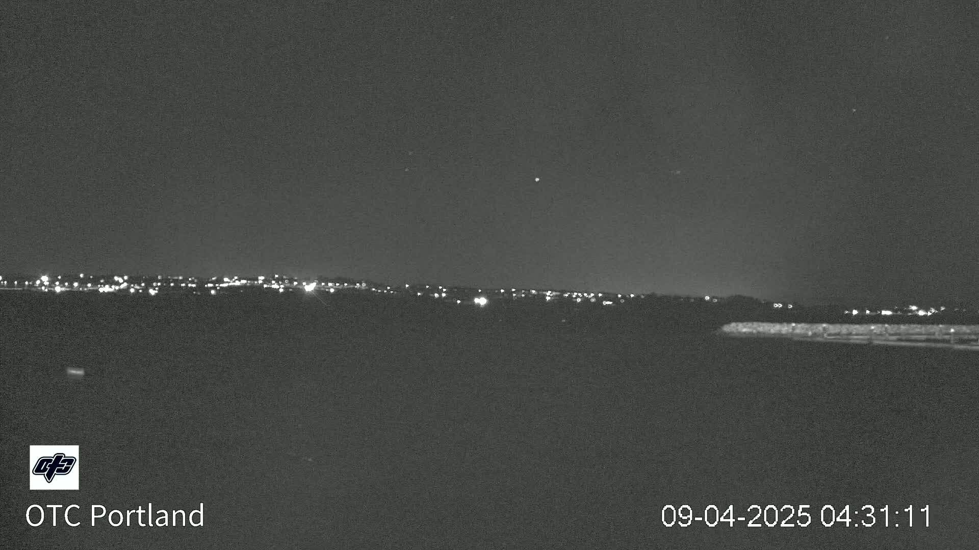 A nighttime long shot shows a distant city skyline faintly illuminated under a clear, dark sky.