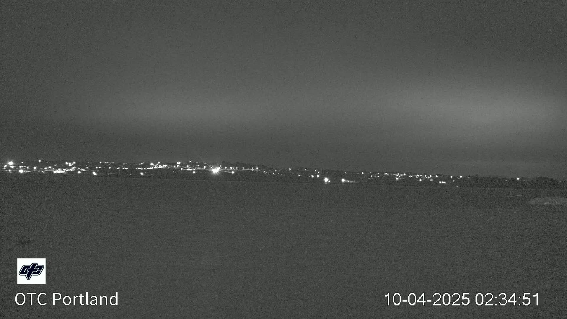 A nighttime, long-distance view of a city skyline with faint lights against a dark, overcast sky.