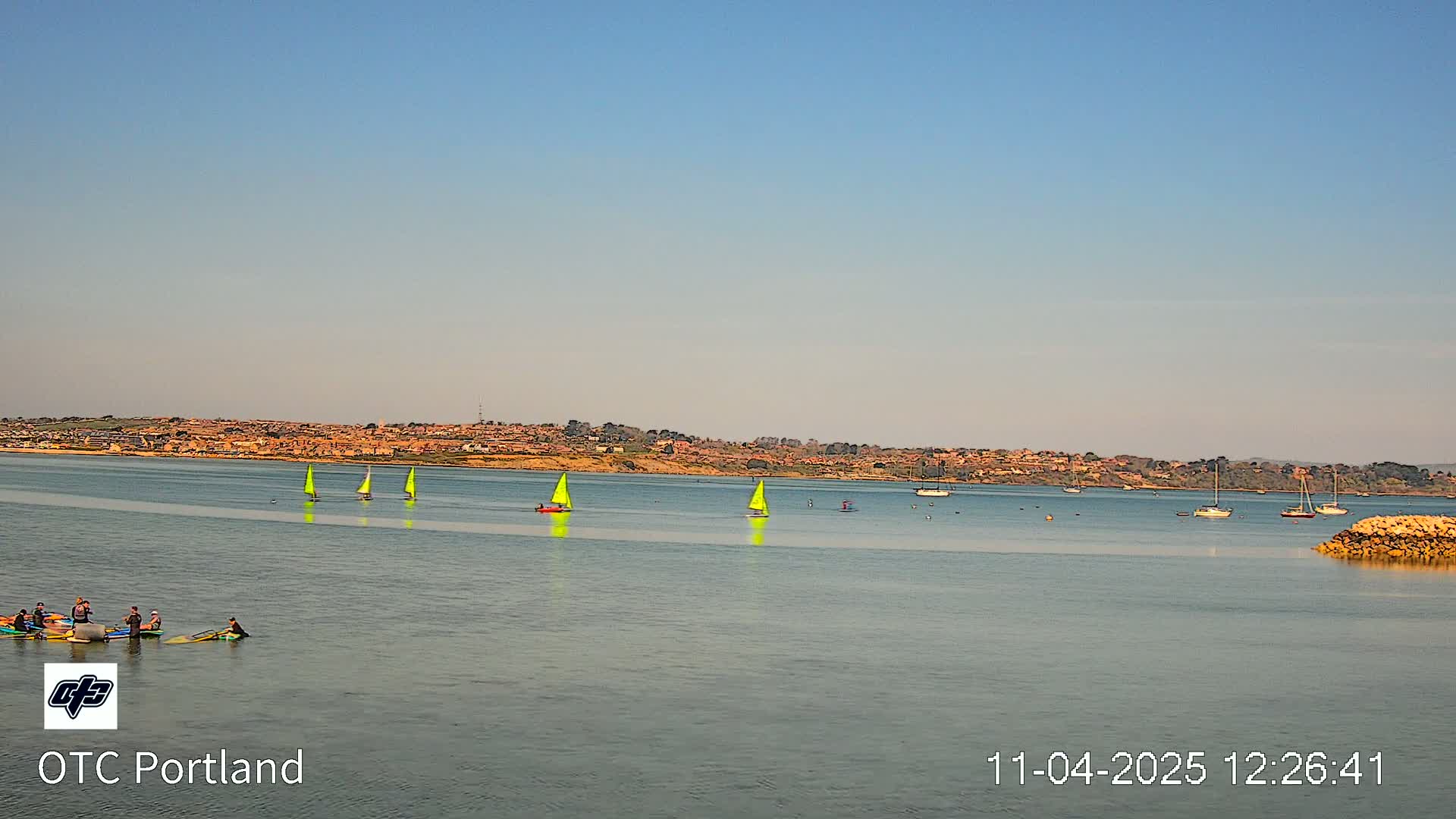 Under a clear sky, several sailboats and people on paddleboards are visible on a calm body of water with a distant shoreline of buildings and trees.
