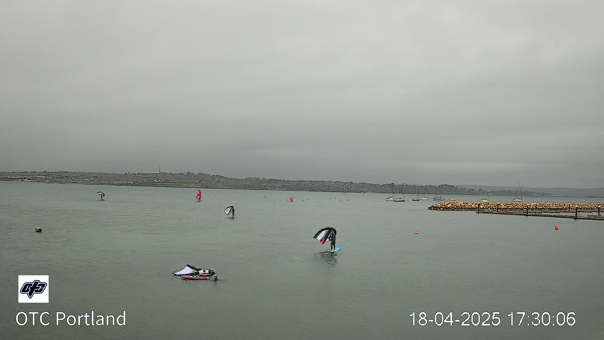 Several people windsurf and kitesurf on a calm, gray day on a body of water with a distant shoreline and a few sailboats.