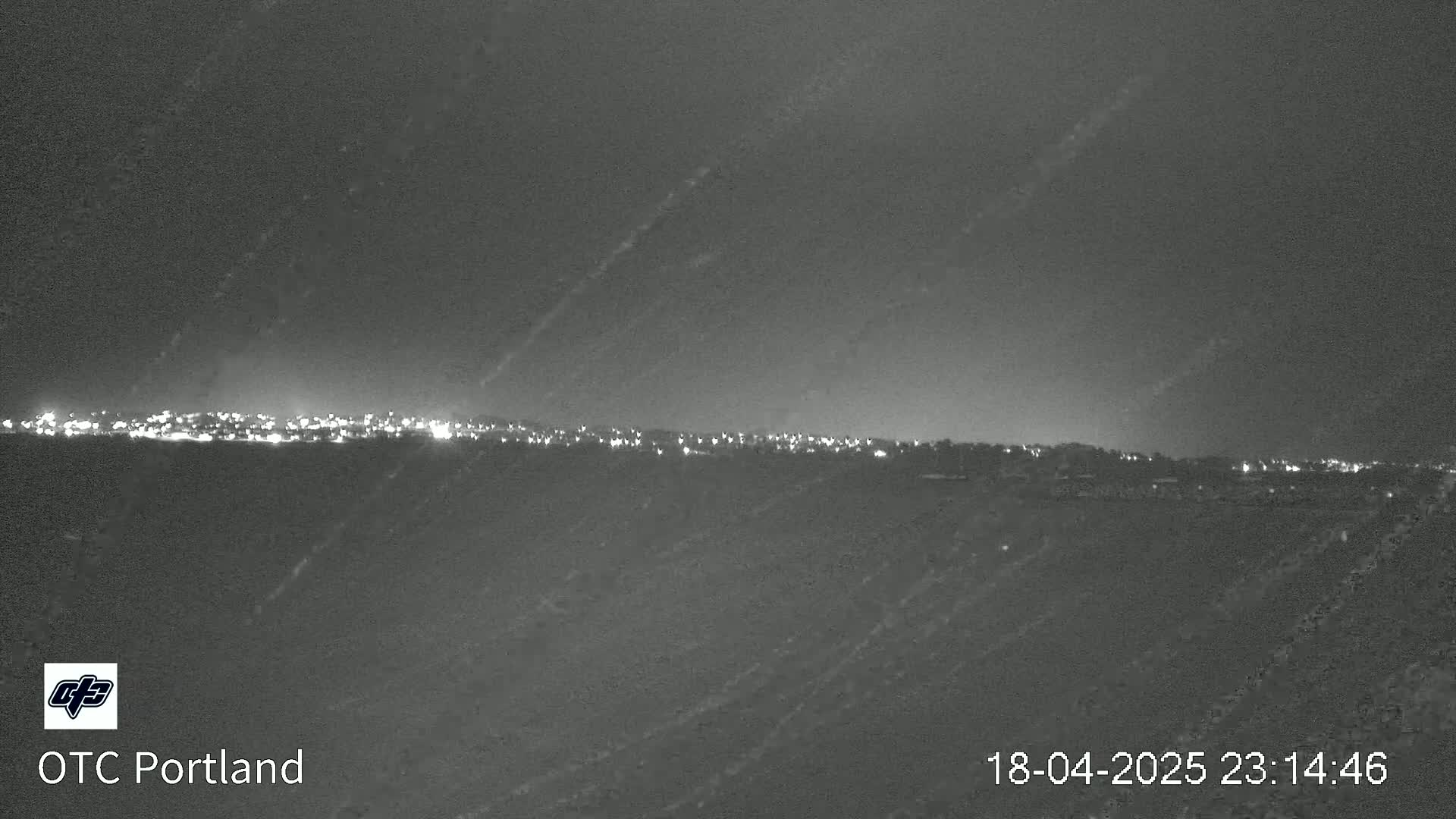A nighttime view of a city skyline on a slightly snowy or dusty night.
