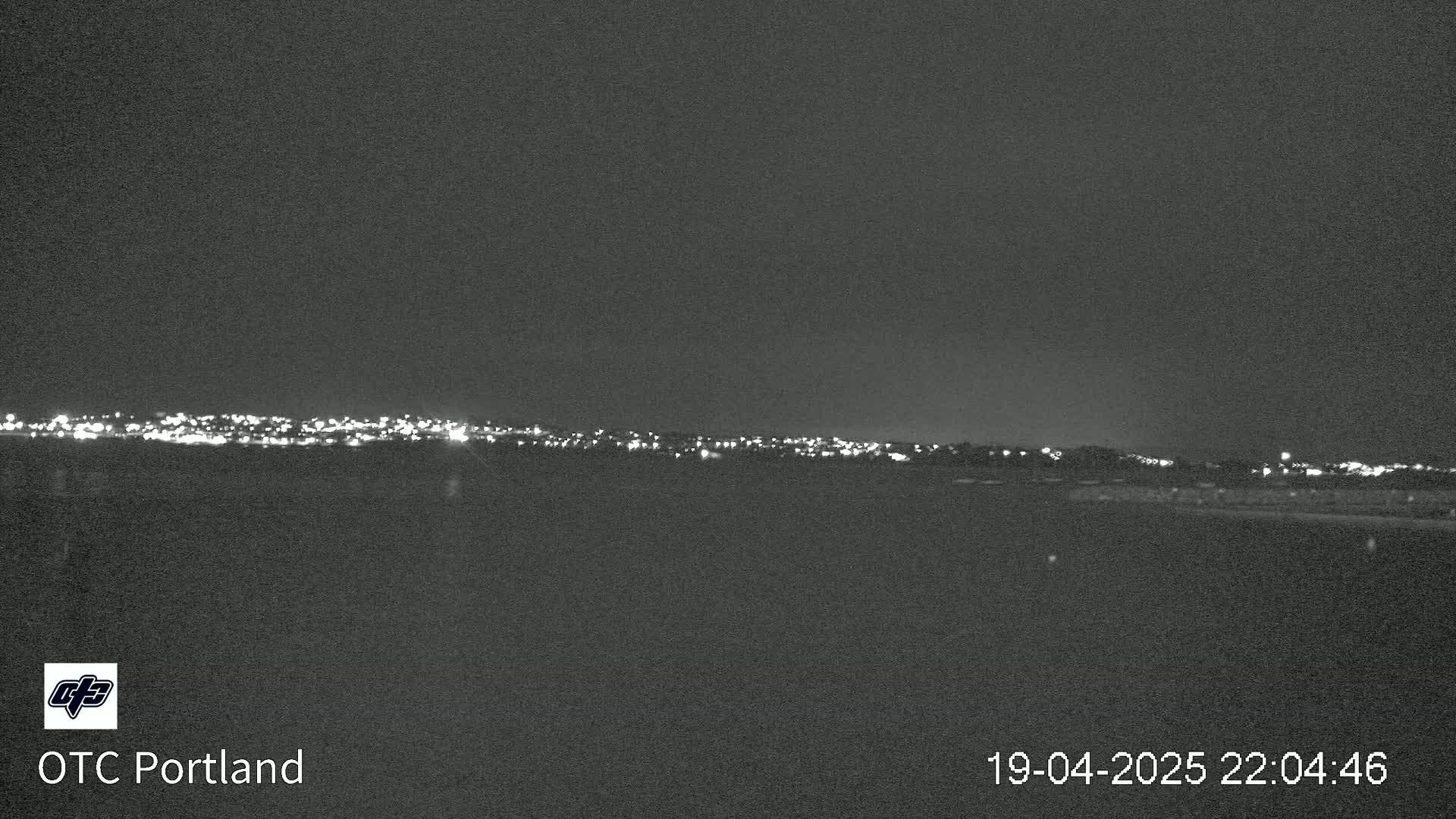 A nighttime long shot shows a distant city skyline illuminated by lights under a dark sky.