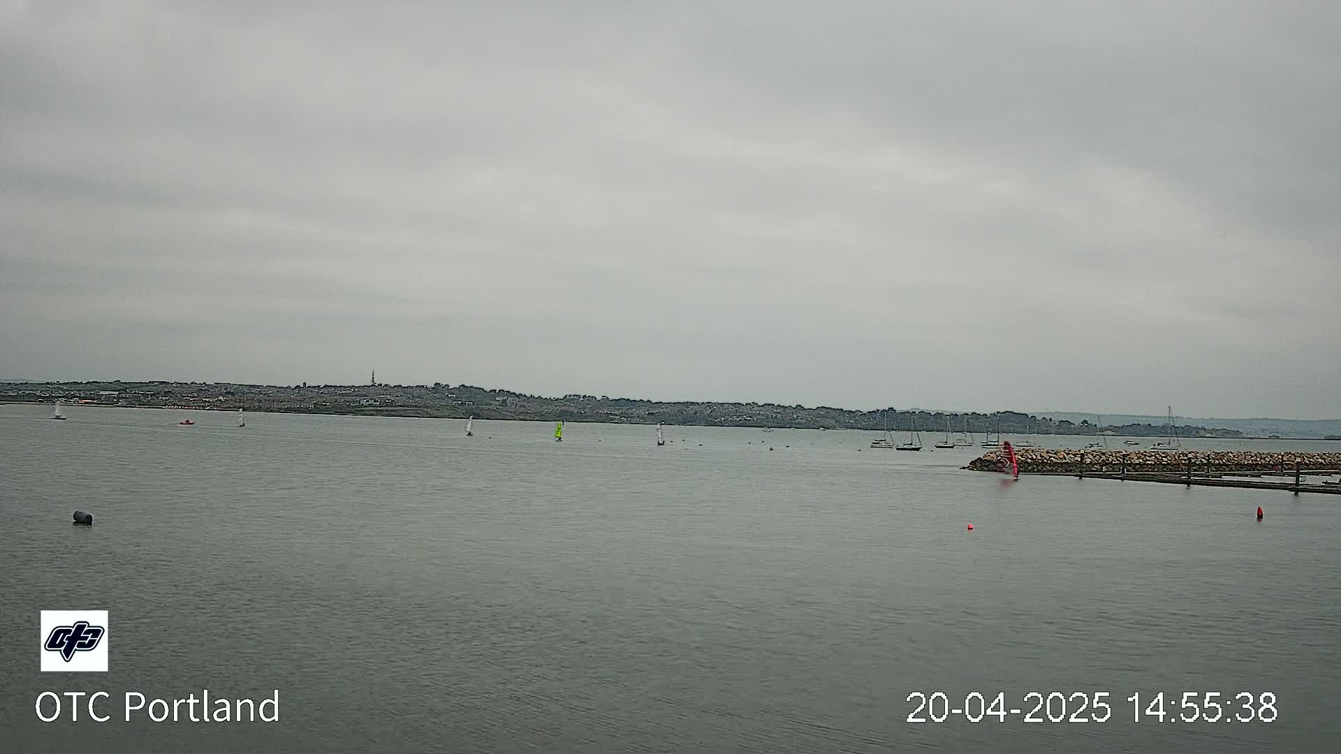 Several sailboats are visible on a calm, gray day on a body of water with a distant shoreline.