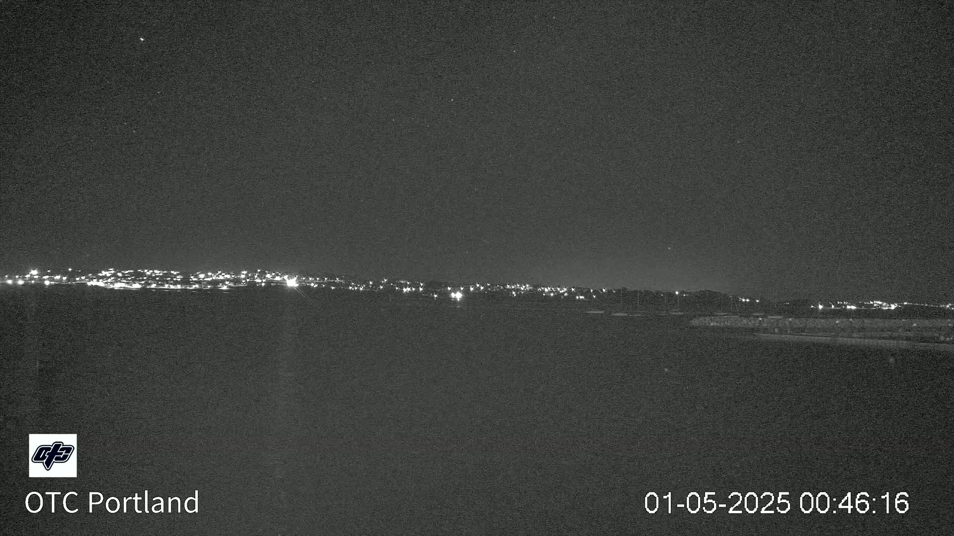 A nighttime long shot shows a distant city skyline illuminated by lights under a clear, dark sky.