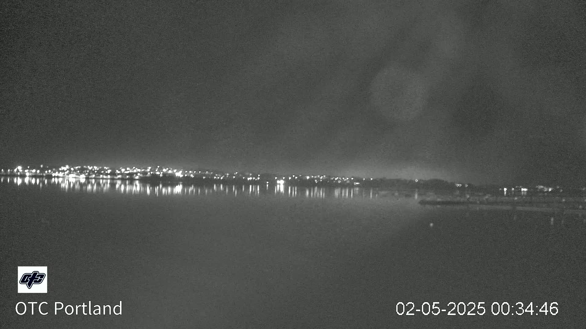 A nighttime view of a city skyline across a calm body of water under a dark sky.